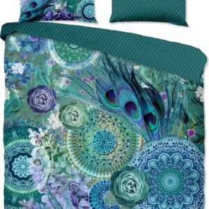HIP dekbedovertrek mandala's en veren - 2 persoons 200x200/220 cm - Groen - 100% Katoen satijn