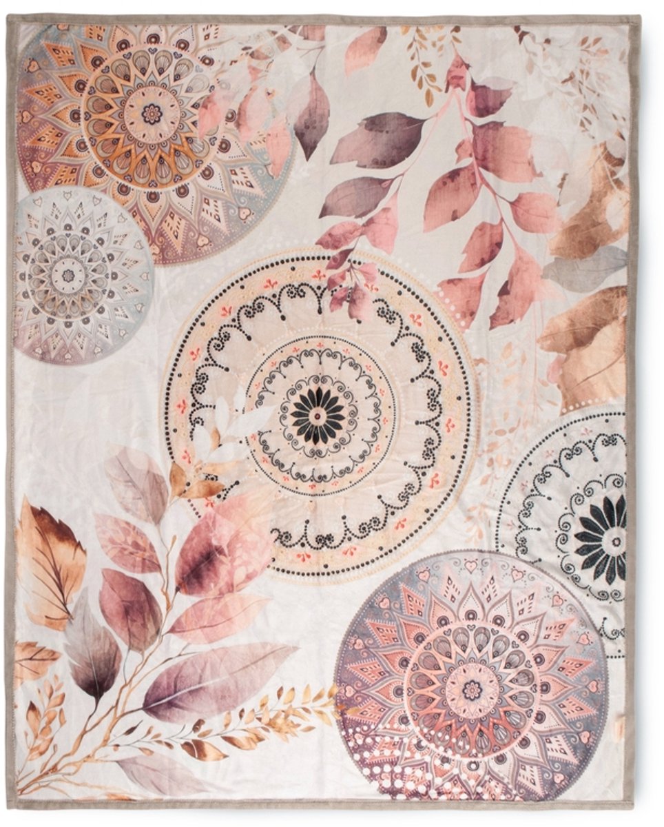 HIP Plaid 130x160 cm - Mandala en Bladeren Print - Grijs/Roze
