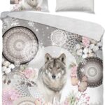 HIP dekbedovertrek mandala's met wolf - Lits jumeaux 240x200/220 cm - Grijs - 100% Katoen flanel