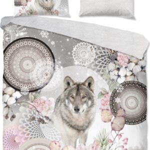 HIP dekbedovertrek mandala's met wolf - Lits jumeaux 240x200/220 cm - Grijs - 100% Katoen flanel
