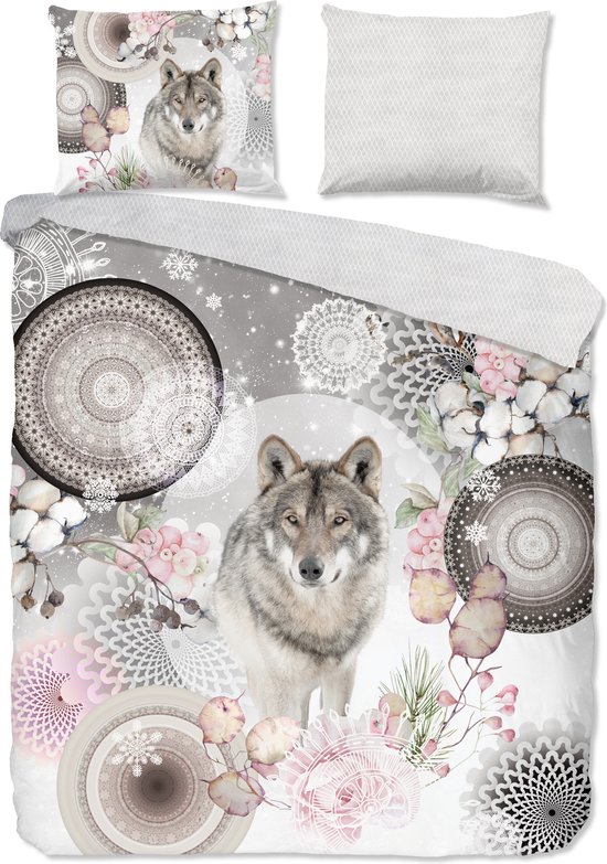 HIP dekbedovertrek mandala's met wolf - Lits jumeaux 240x200/220 cm - Grijs - 100% Katoen flanel